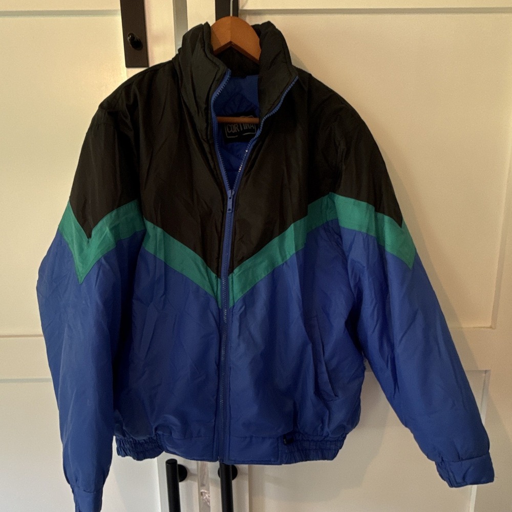 Cortina Puffer Jacket Mens XL Blue Black Green Colorblock Vintage Stand-Up Zip